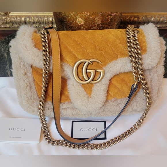 NWT $3600 GUCCI MARMONT TAN SUEDE SHEARLING LAMBSWOOL MEDIUM FLAP SHOULDER BAG - Picture 14 of 14